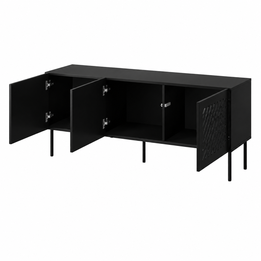 Buffet bas en bois noir avec portes sculptées 150 cm