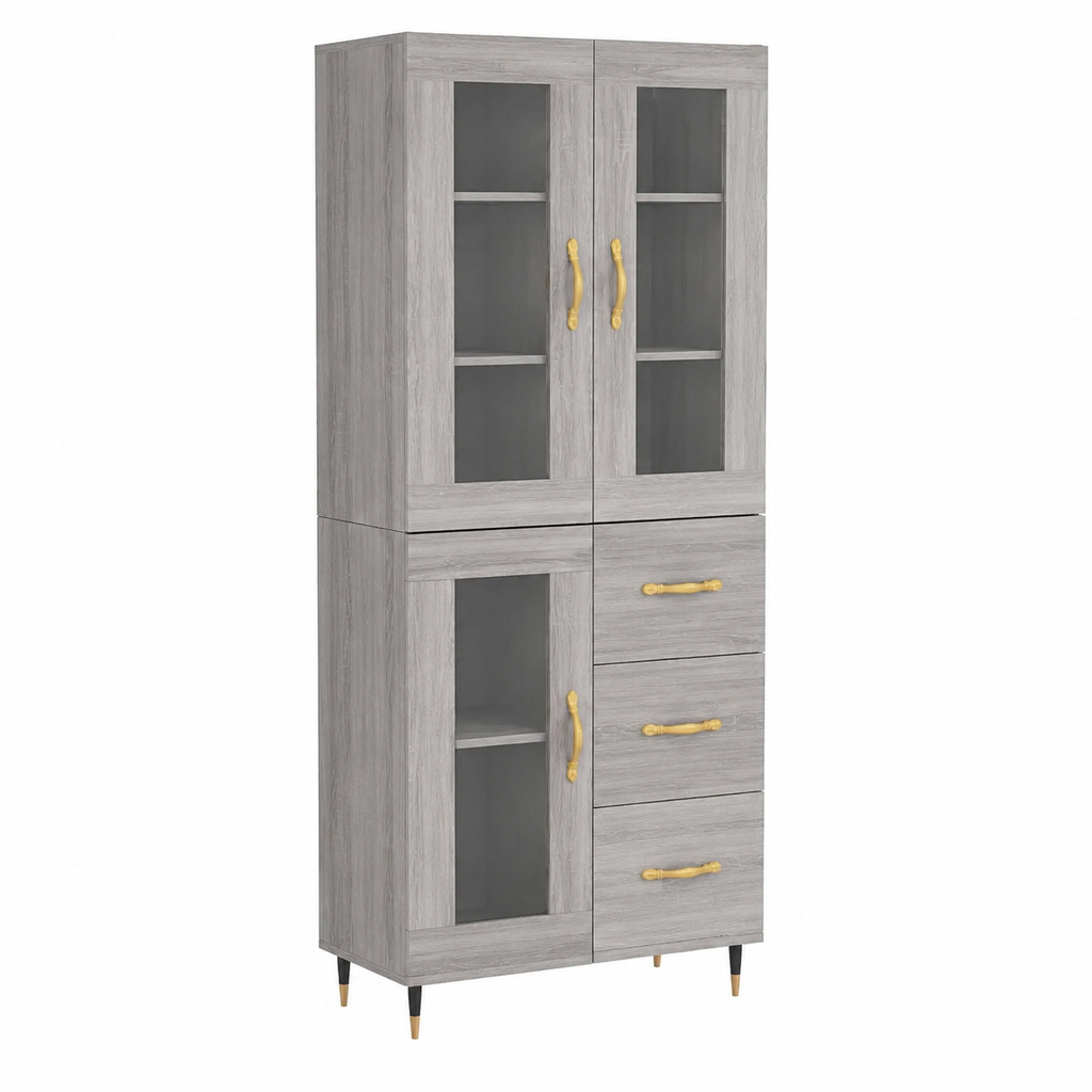 Buffet haut gris avec étagères amovibles en bois