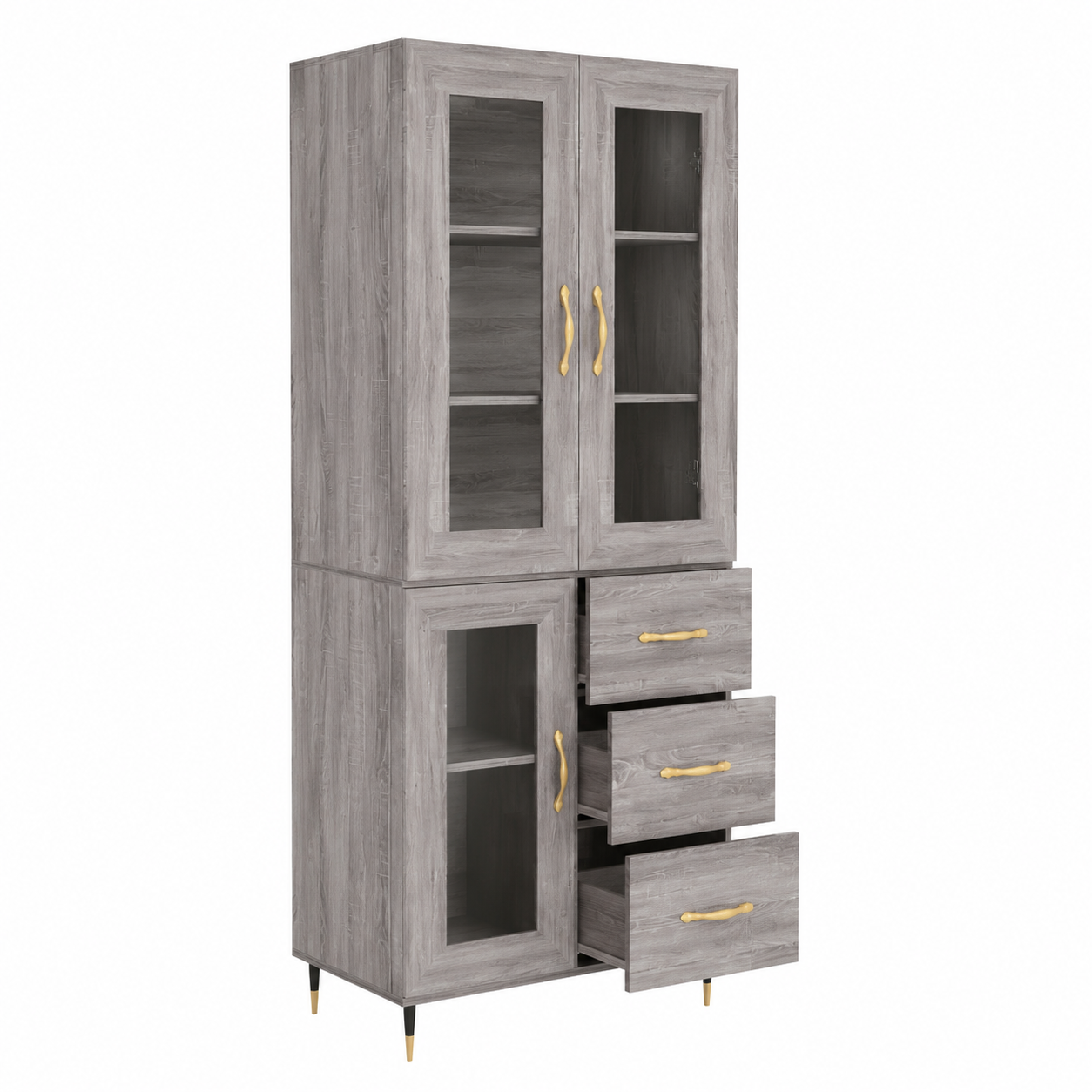 Buffet haut gris avec étagères amovibles en bois