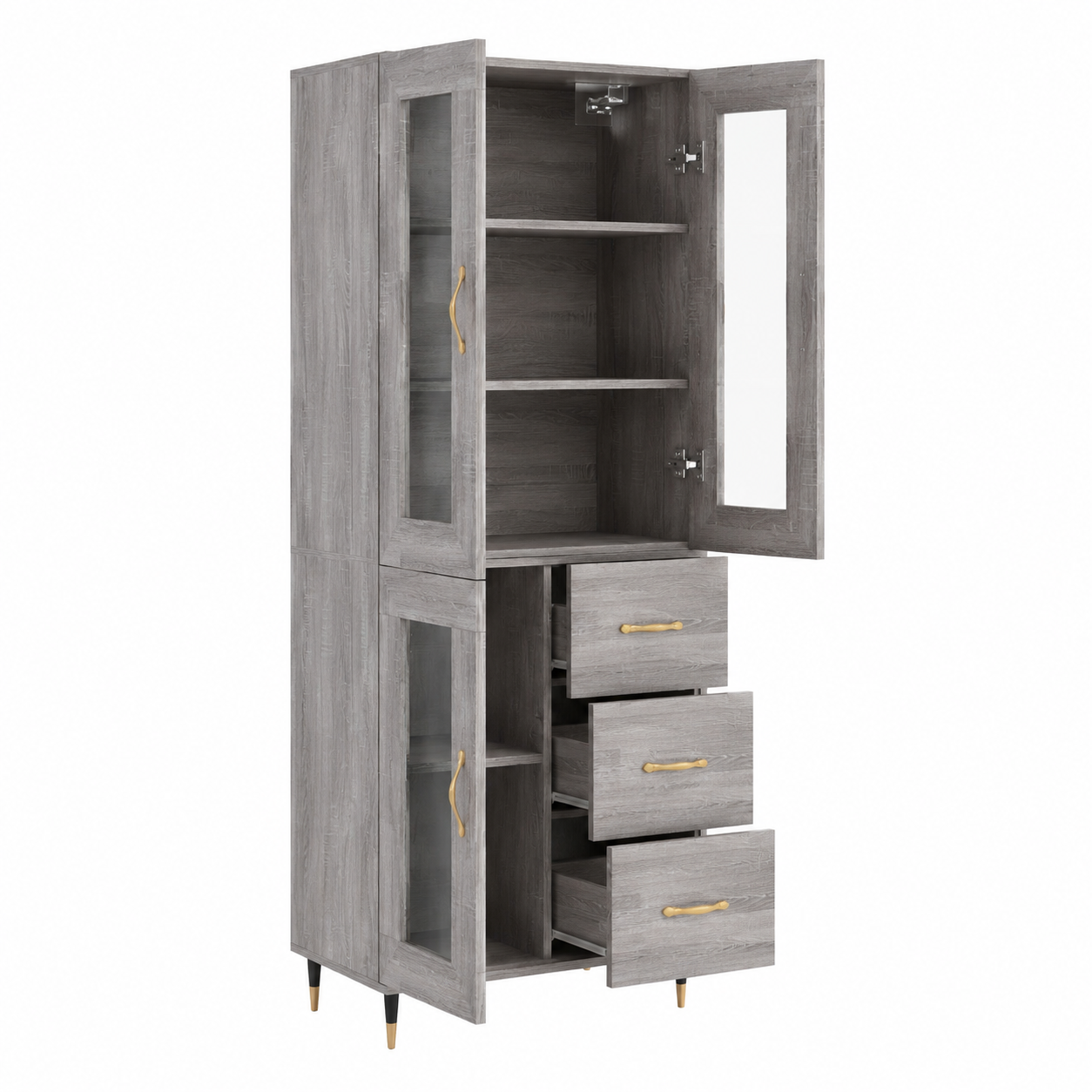 Buffet haut gris avec étagères amovibles en bois