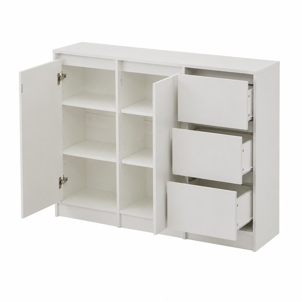 Buffet de rangement blanc avec portes et tiroirs pour salon